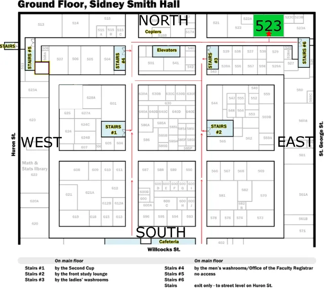 Floor map of Sidney Smith Hall showing room 523